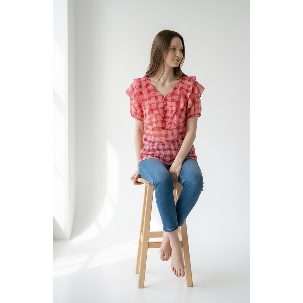 Anthropologie Eva Franco Red Pink Plaid Ruffle Sheer Blouse Gold Button Size 6
